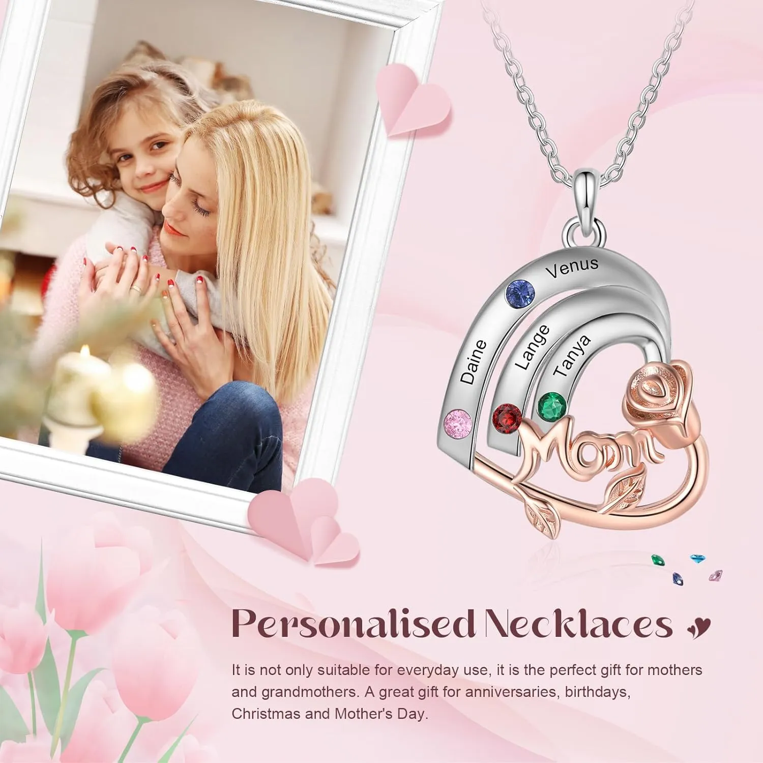 Mom Gifts Personalized Mom Necklaces for Women with 1-4 Name Custom Mothers Necklace with Birthstones Birthday Christmas Gifts for Grandma Wife Women