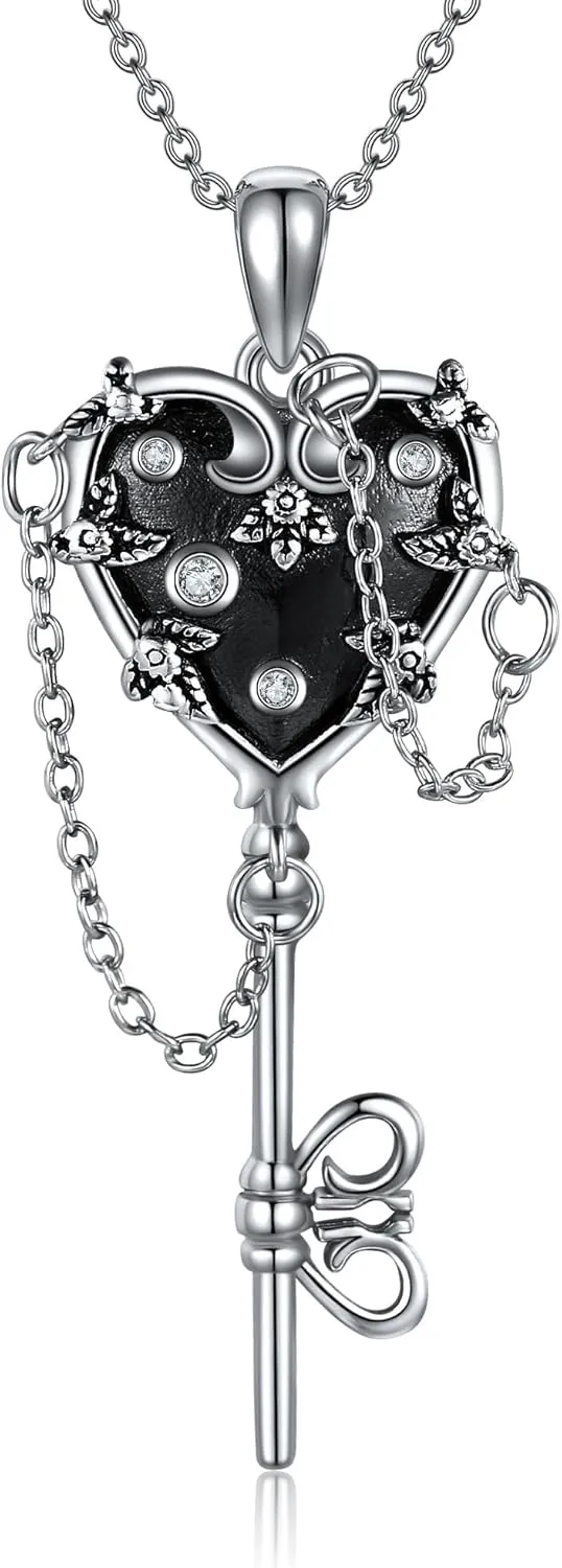 MONGAS Witches Key Necklace Sterling Silver Witch Heart Necklace Gothic Jewelry Witchy Gifts for Women