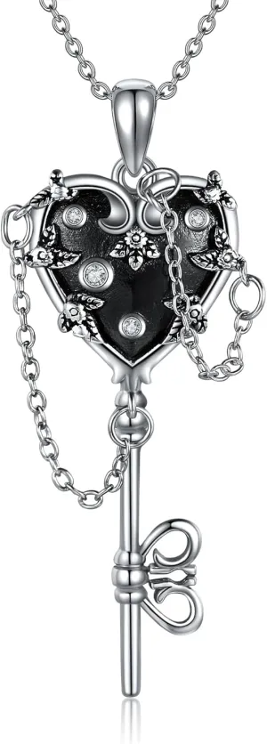 MONGAS Witches Key Necklace Sterling Silver Witch Heart Necklace Gothic Jewelry Witchy Gifts for Women