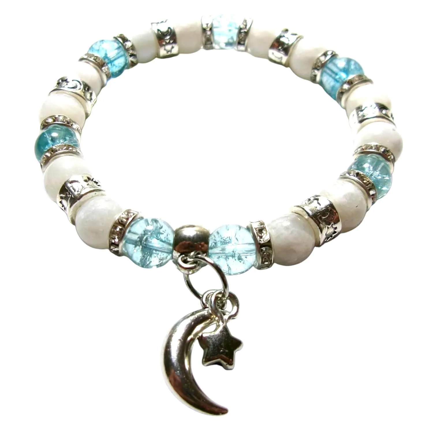Moonstone and Blue Crystal Stretch Bracelet with Moon and Star Charms, Genuine 8mm Healing Crystals, Handmade