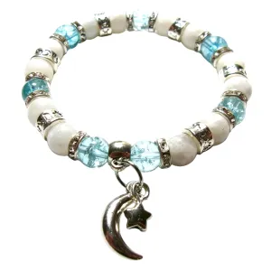Moonstone and Blue Crystal Stretch Bracelet with Moon and Star Charms, Genuine 8mm Healing Crystals, Handmade