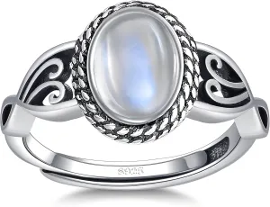 Moonstone Rings for Women 925 Sterling Silver Vintage Adjustable Statement Rings with 6 * 8mm Oval Moonstone Jewelry