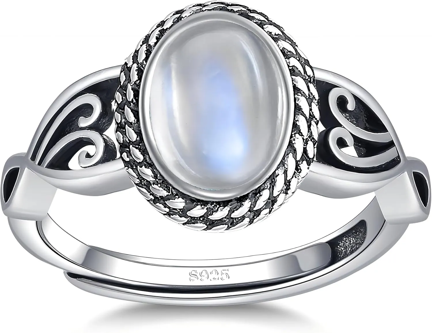 Moonstone Rings for Women 925 Sterling Silver Vintage Adjustable Statement Rings with 6 * 8mm Oval Moonstone Jewelry