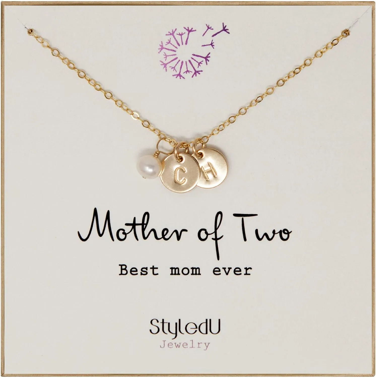 Mother of 2 Children Initial Necklace for Women 14k gold Filled Customized Initial with Pearl Mother Necklace Mom Gifts for Christmas Thanksgiving Mother's Day