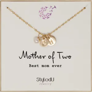 Mother of 2 Children Initial Necklace for Women 14k gold Filled Customized Initial with Pearl Mother Necklace Mom Gifts for Christmas Thanksgiving Mother's Day