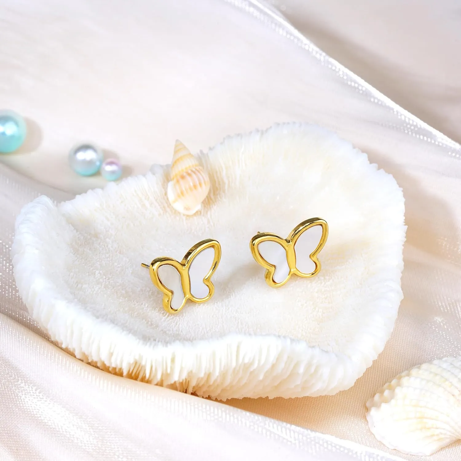 Mother of Pearl Earrings for Women Gold Plated Dainty Butterfly Flower Clover Star Heart Stud Earrings White Shell Cute Earrings for Women Girls Gold Pearl Drop Earrings