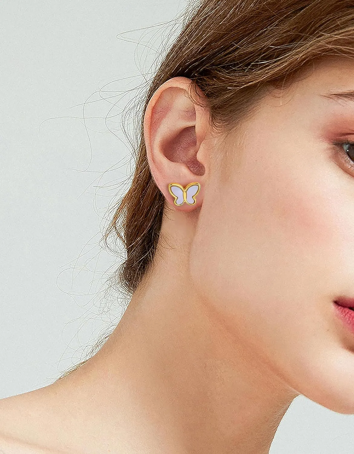 Mother of Pearl Earrings for Women Gold Plated Dainty Butterfly Flower Clover Star Heart Stud Earrings White Shell Cute Earrings for Women Girls Gold Pearl Drop Earrings