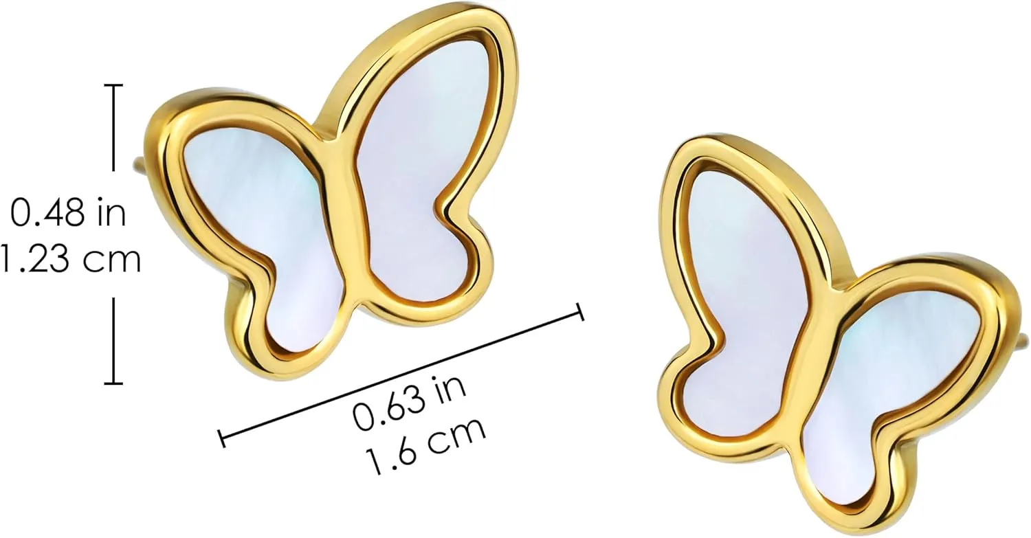 Mother of Pearl Earrings for Women Gold Plated Dainty Butterfly Flower Clover Star Heart Stud Earrings White Shell Cute Earrings for Women Girls Gold Pearl Drop Earrings