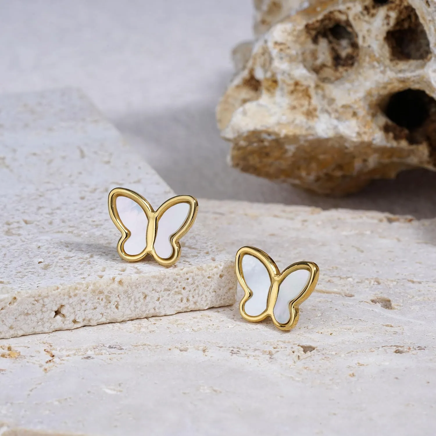 Mother of Pearl Earrings for Women Gold Plated Dainty Butterfly Flower Clover Star Heart Stud Earrings White Shell Cute Earrings for Women Girls Gold Pearl Drop Earrings