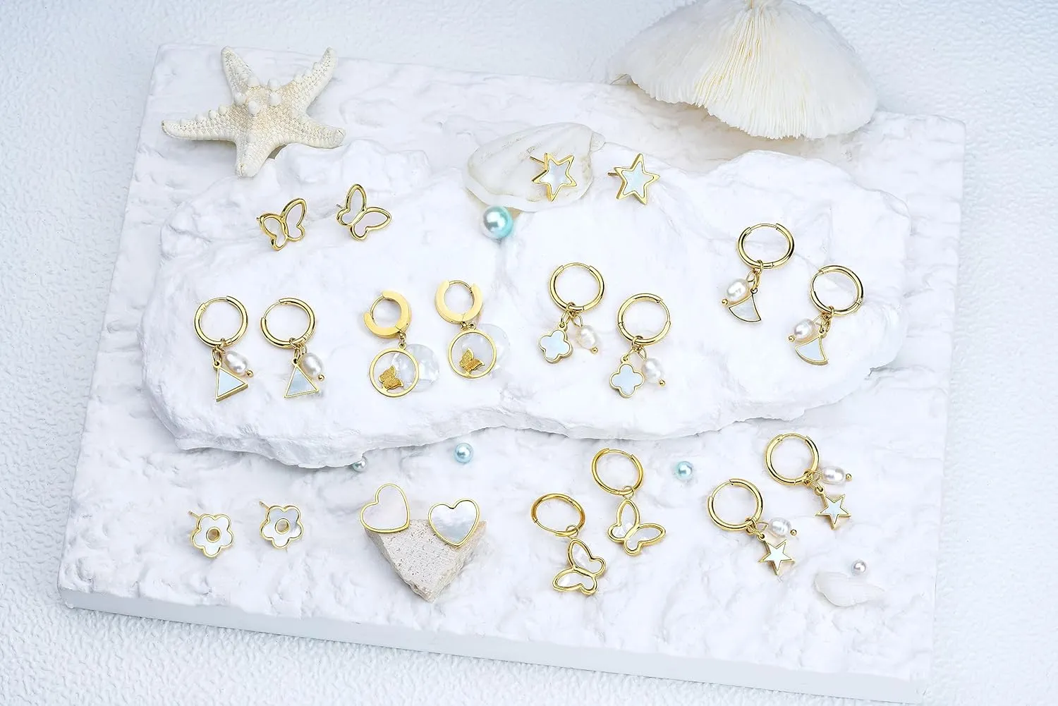 Mother of Pearl Earrings for Women Gold Plated Dainty Butterfly Flower Clover Star Heart Stud Earrings White Shell Cute Earrings for Women Girls Gold Pearl Drop Earrings