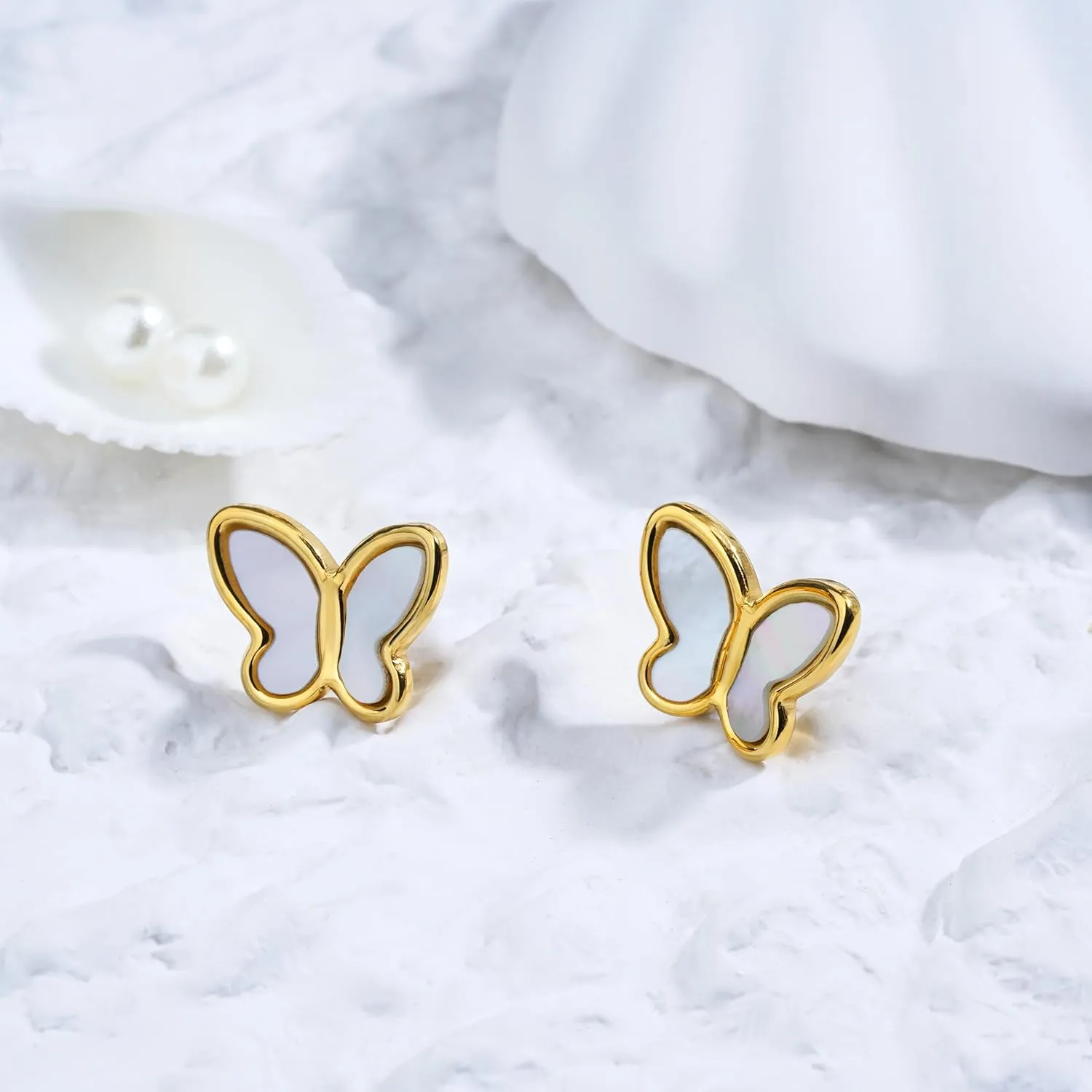 Mother of Pearl Earrings for Women Gold Plated Dainty Butterfly Flower Clover Star Heart Stud Earrings White Shell Cute Earrings for Women Girls Gold Pearl Drop Earrings