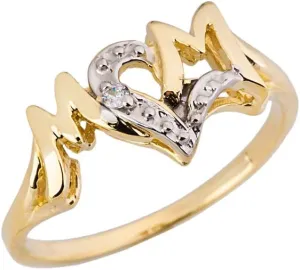 Mother's Jewelry 10K Yellow Gold Diamond Accented MOM with Heart Shaped O Statement Ring (J-K Color, I1-I2 Clarity)