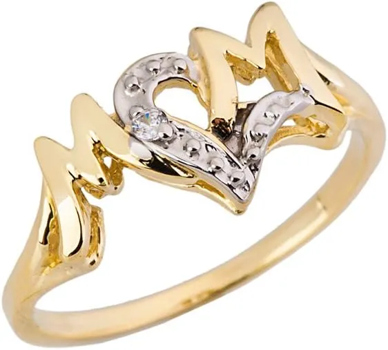 Mother's Jewelry 10K Yellow Gold Diamond Accented MOM with Heart Shaped O Statement Ring (J-K Color, I1-I2 Clarity)