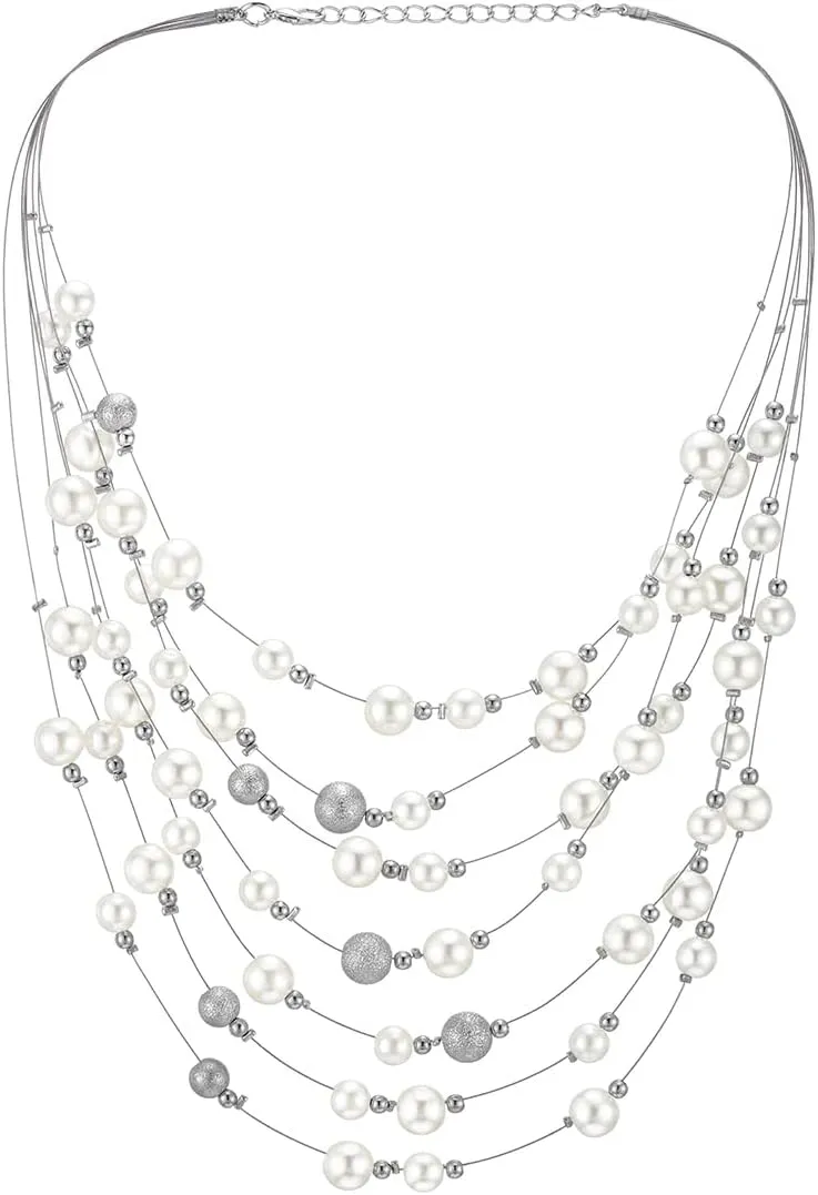 Multi-Strand Layered Pearl Necklace for Women, Elegant White Faux Pearl and Satin Beads, Long Waterfall Statement Jewelry