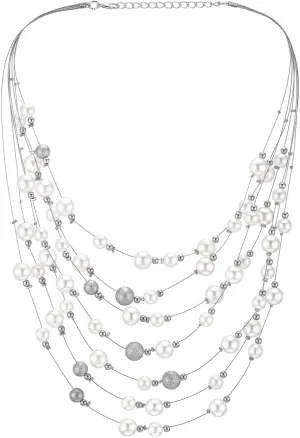 Multi-Strand Layered Pearl Necklace for Women, Elegant White Faux Pearl and Satin Beads, Long Waterfall Statement Jewelry