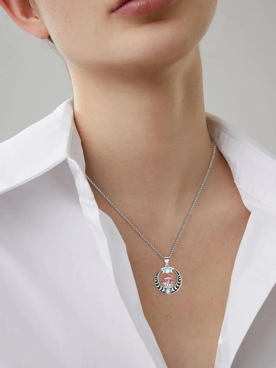 Mushroom Necklace Moon Phase Moonstone Necklace Pendant Anniversary Birthday Mushroom Jewelry Gift for Women Her Wife Daughter Nana Mom