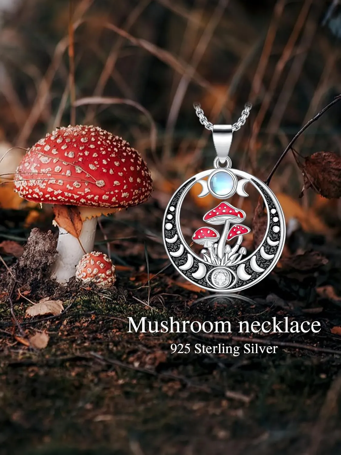 Mushroom Necklace Moon Phase Moonstone Necklace Pendant Anniversary Birthday Mushroom Jewelry Gift for Women Her Wife Daughter Nana Mom
