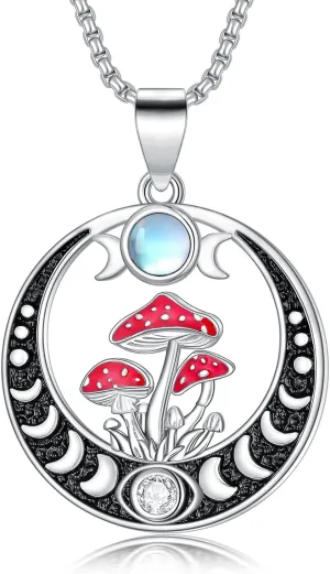 Mushroom Necklace Moon Phase Moonstone Necklace Pendant Anniversary Birthday Mushroom Jewelry Gift for Women Her Wife Daughter Nana Mom