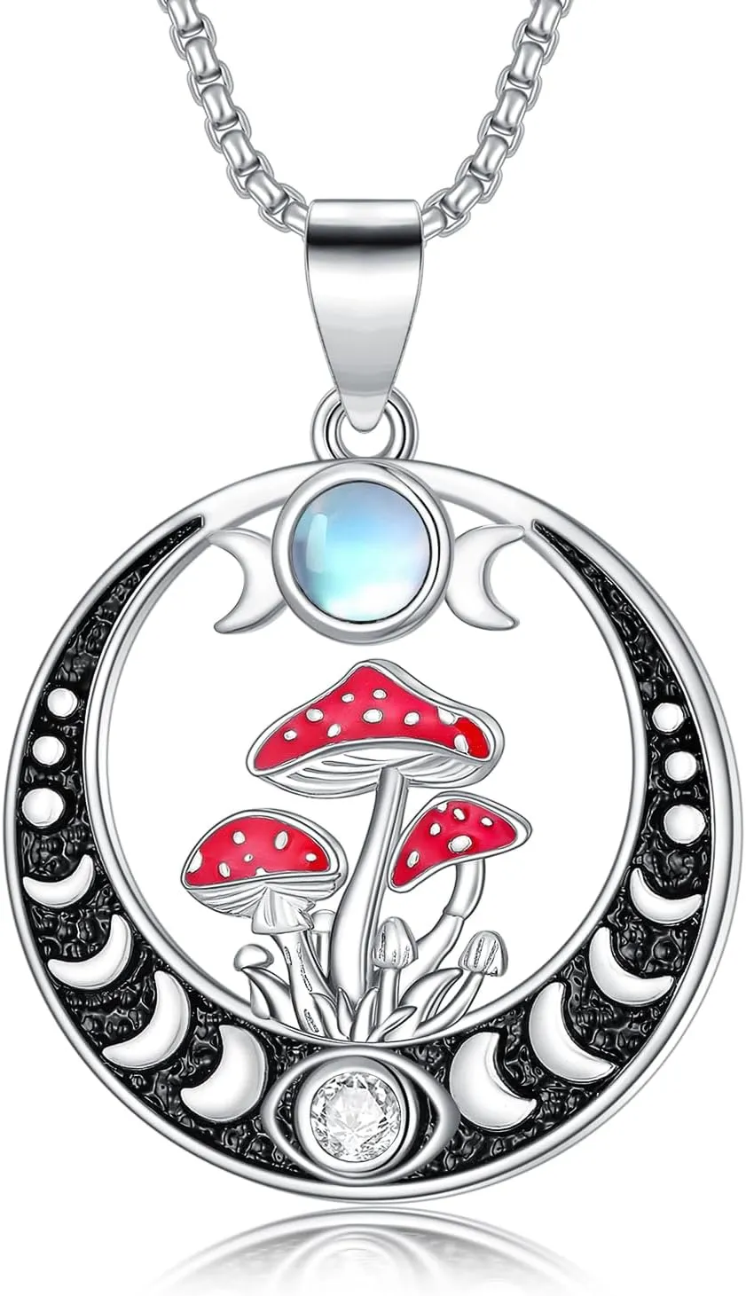 Mushroom Necklace Moon Phase Moonstone Necklace Pendant Anniversary Birthday Mushroom Jewelry Gift for Women Her Wife Daughter Nana Mom