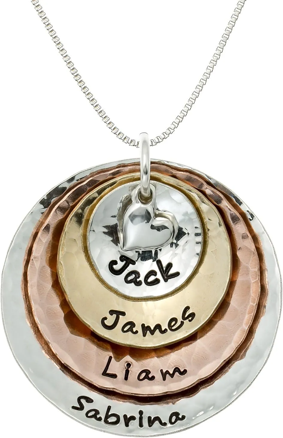 My Four Treasures Personalized Necklace with 4 Customizable Discs in Sterling Silver, 14k Gold Plate and Rose Gold Plate with a 925 Heart Charm