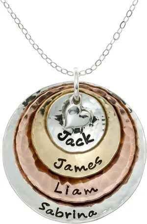 My Four Treasures Personalized Necklace with 4 Customizable Discs in Sterling Silver, 14k Gold Plate and Rose Gold Plate with a 925 Heart Charm