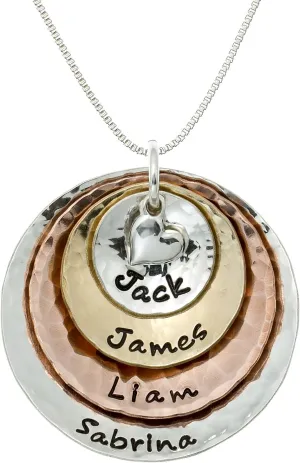 My Four Treasures Personalized Necklace with 4 Customizable Discs in Sterling Silver, 14k Gold Plate and Rose Gold Plate with a 925 Heart Charm