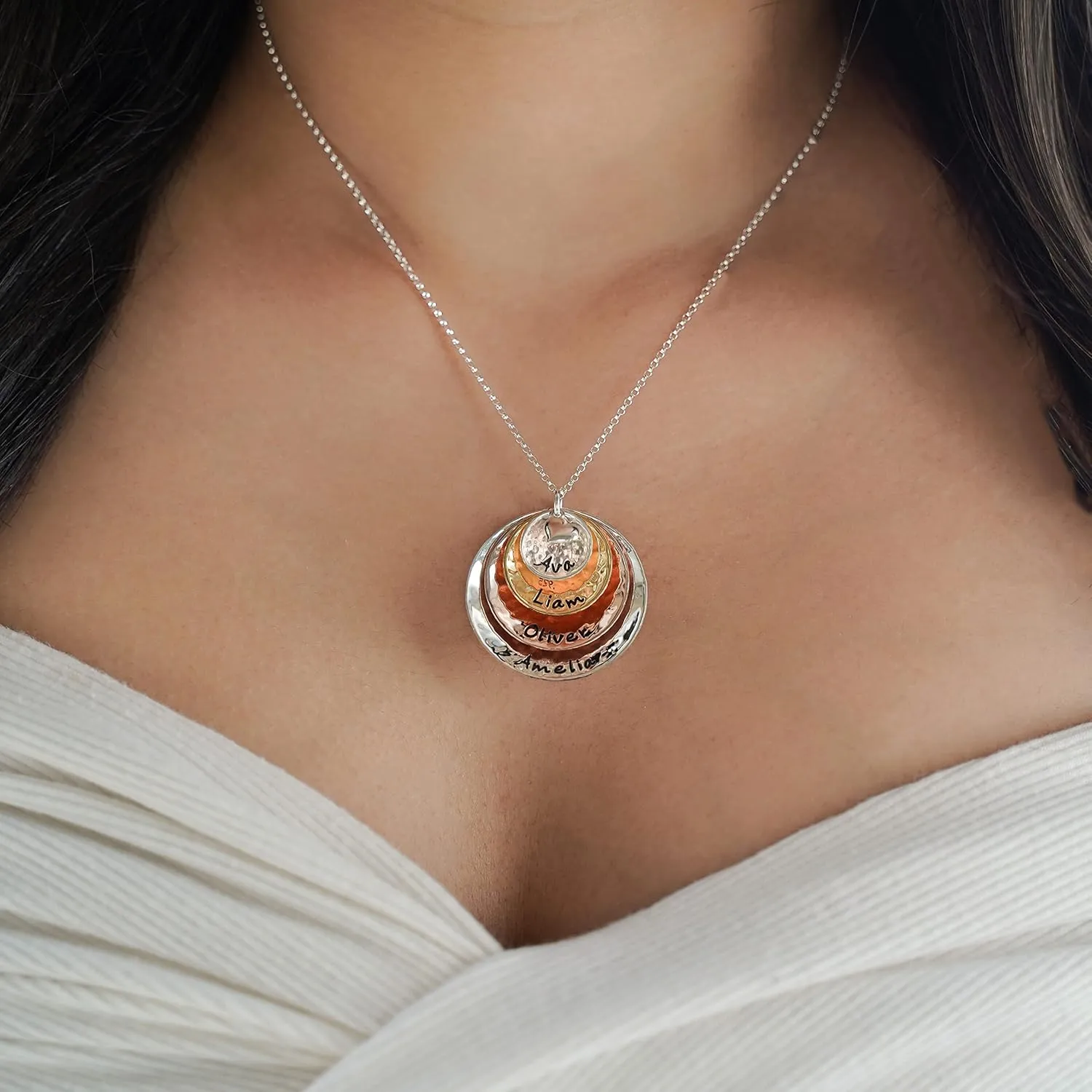 My Four Treasures Personalized Necklace with 4 Customizable Discs in Sterling Silver, 14k Gold Plate and Rose Gold Plate with a 925 Heart Charm