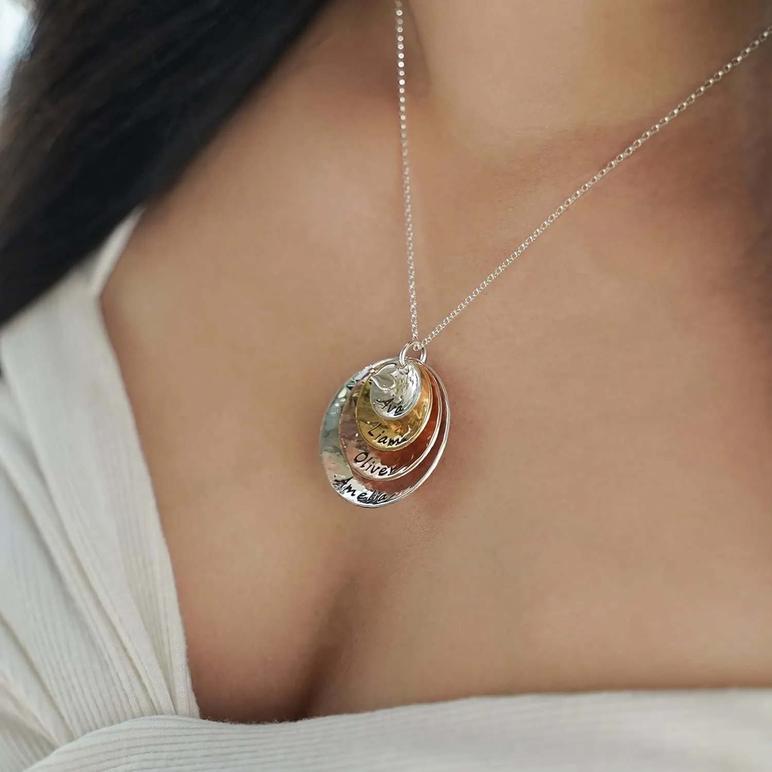 My Four Treasures Personalized Necklace with 4 Customizable Discs in Sterling Silver, 14k Gold Plate and Rose Gold Plate with a 925 Heart Charm