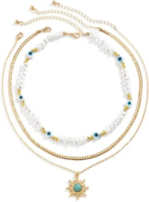 MYANAIL 3 Pairs Sun Pendant Layered Choker Necklace for Women 14k Gold Turquoise Sun Necklace Set Jewelry Devil's Eye Irregular Pearl Beaded Choker Vintage Multilayer Stacked Necklace Gift