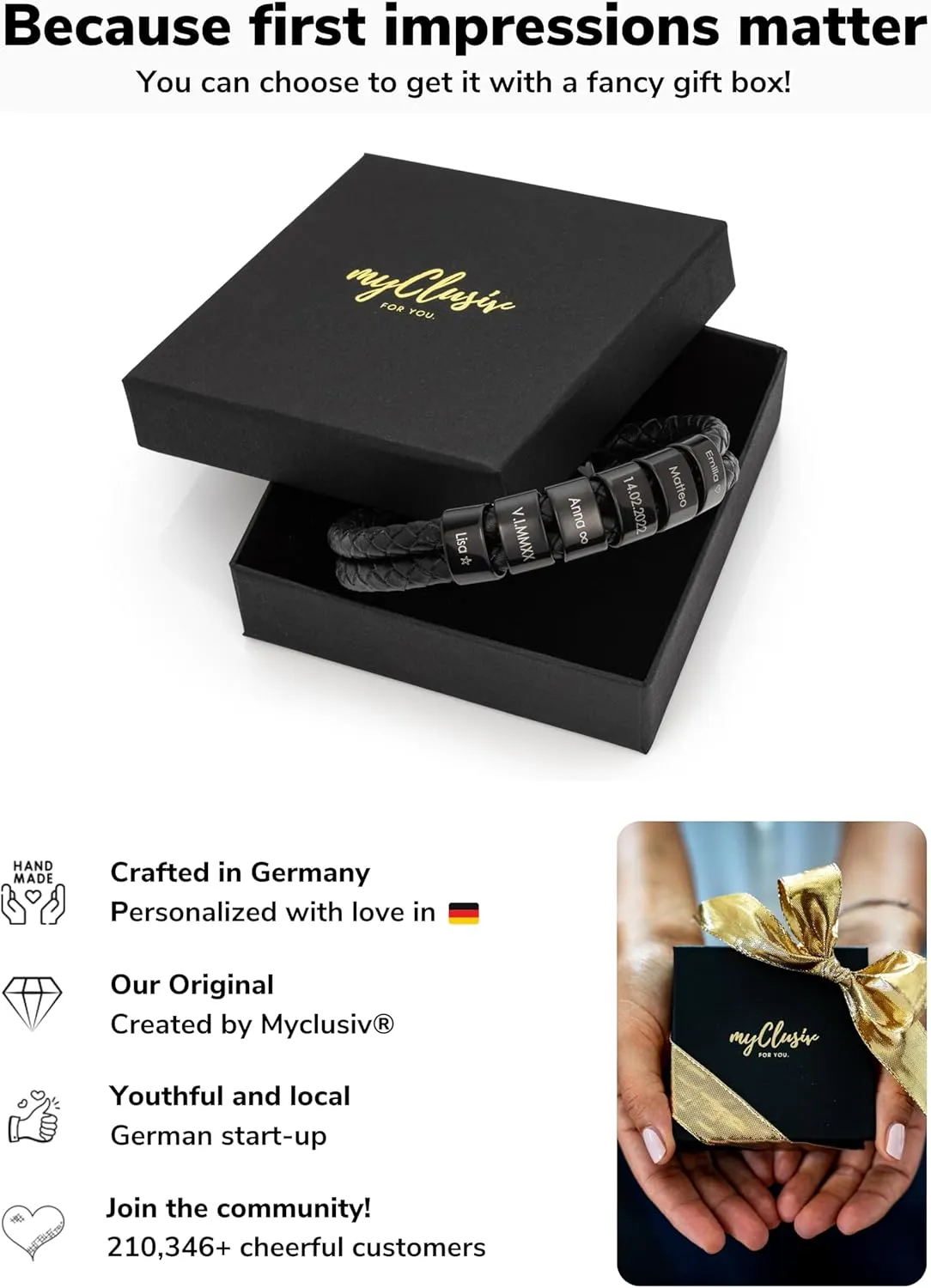 MYCLUSIV Personalized Men's Leather Bracelet  Engraved Name ID Cuff  Custom Father's Day Gift for Dad  Black Genuine Leather Wristband