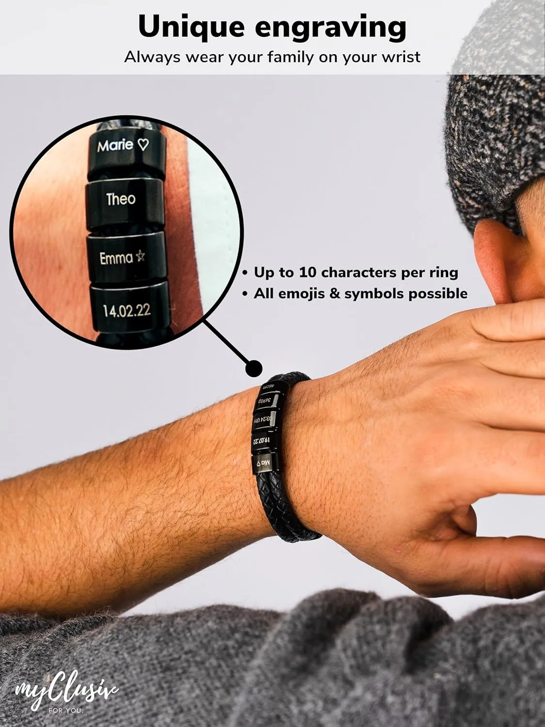 MYCLUSIV Personalized Men's Leather Bracelet  Engraved Name ID Cuff  Custom Father's Day Gift for Dad  Black Genuine Leather Wristband