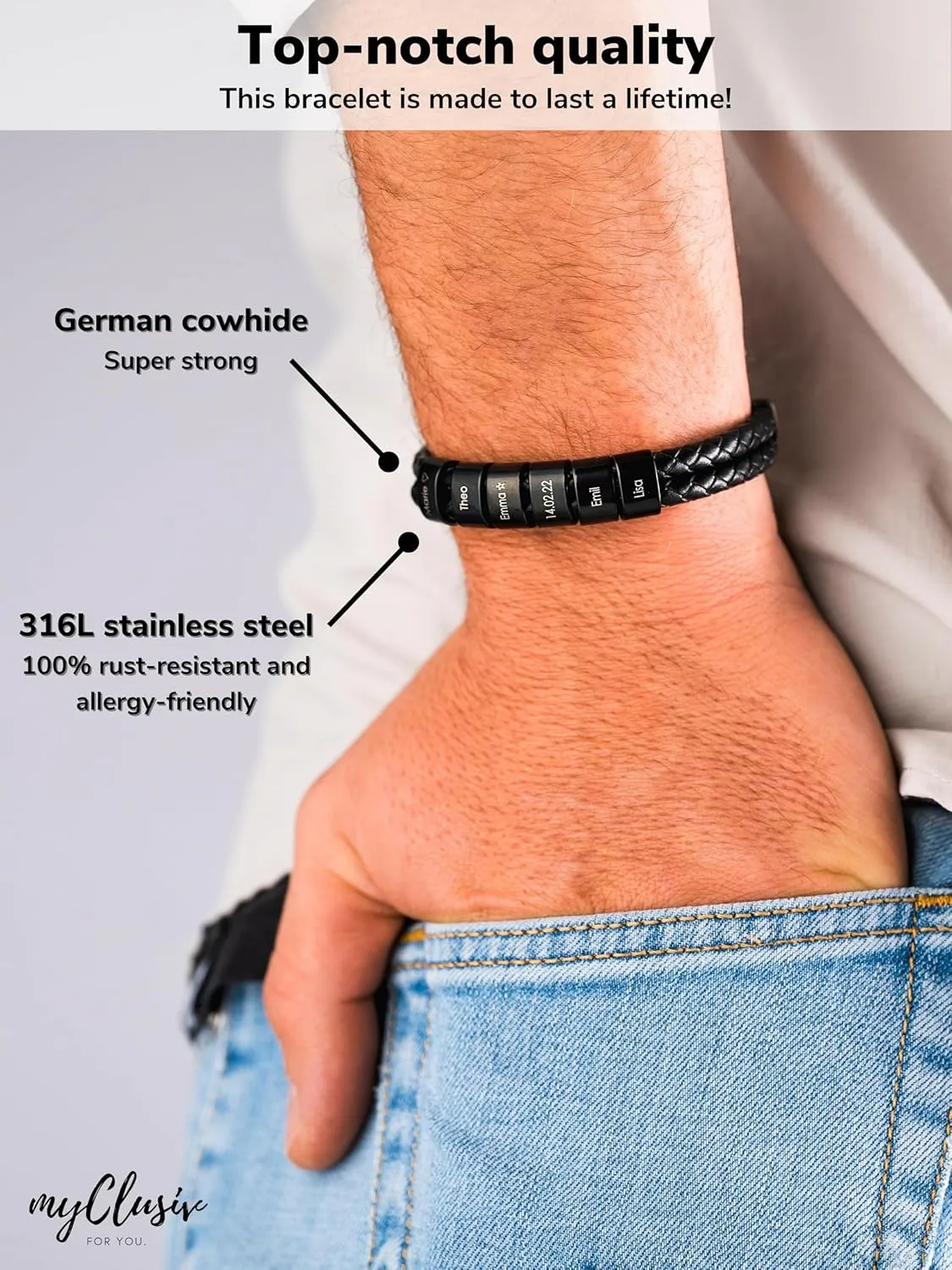 MYCLUSIV Personalized Men's Leather Bracelet  Engraved Name ID Cuff  Custom Father's Day Gift for Dad  Black Genuine Leather Wristband