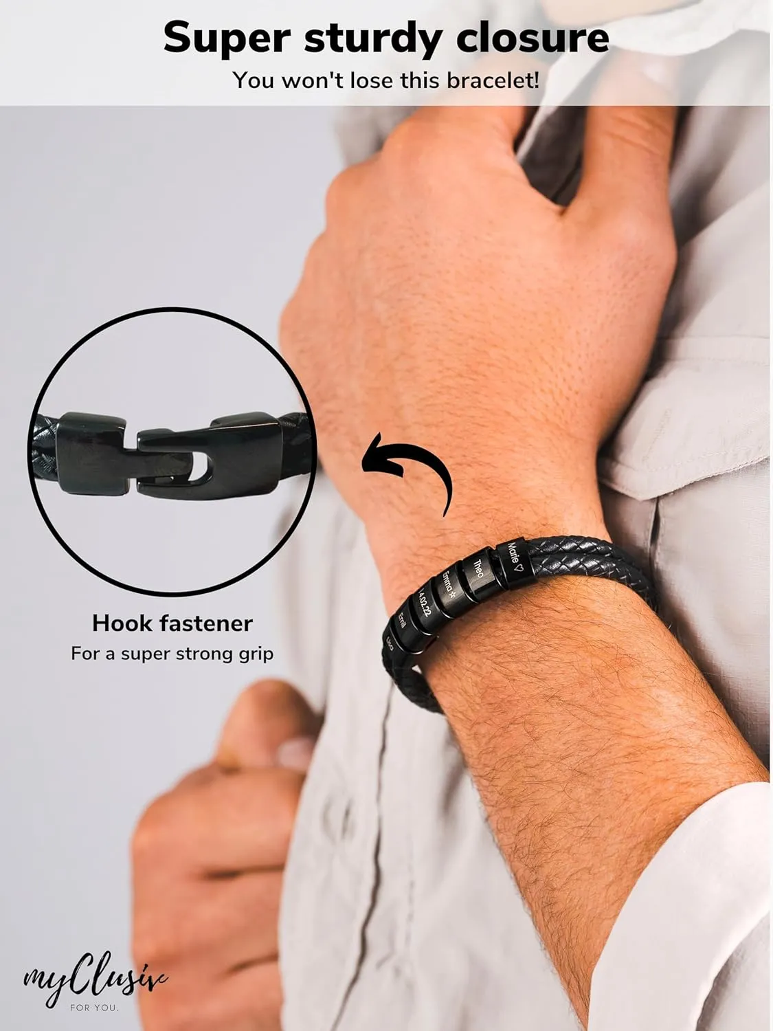 MYCLUSIV Personalized Men's Leather Bracelet  Engraved Name ID Cuff  Custom Father's Day Gift for Dad  Black Genuine Leather Wristband