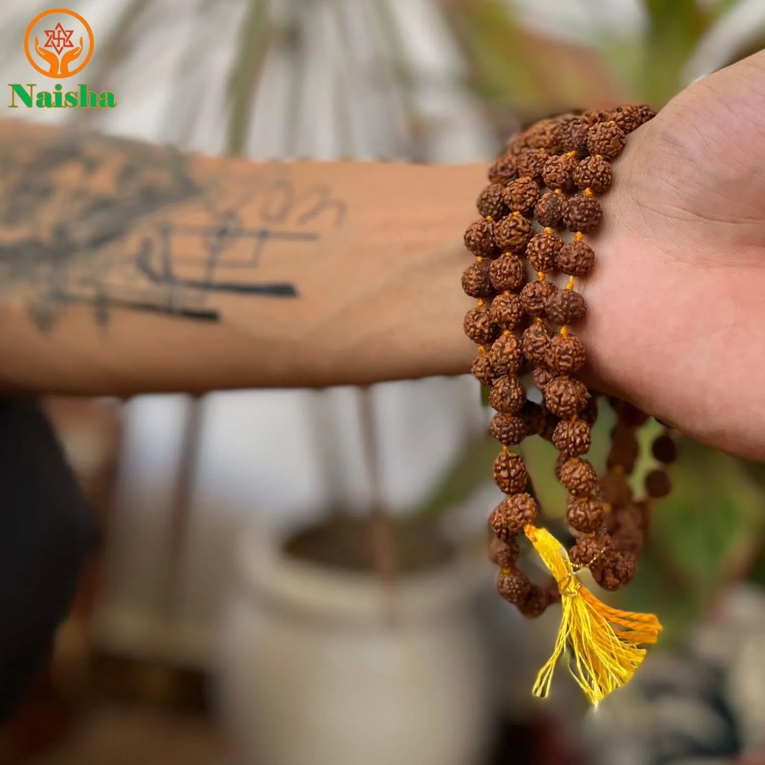 Naisha (Pack of 3) Rudraksha Stretchable Bracelet 2 Pc.& Rudraksha Mala 108 1 Beads Necklace 5 Mukhi Paanch mukhi 5 Prayer Beads, Wrist Mala Wrap, Jaap Mala, Bracelet Bead Size 7 mm