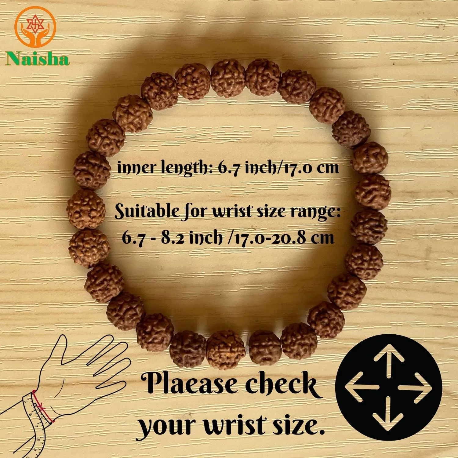 Naisha (Pack of 3) Rudraksha Stretchable Bracelet 2 Pc.& Rudraksha Mala 108 1 Beads Necklace 5 Mukhi Paanch mukhi 5 Prayer Beads, Wrist Mala Wrap, Jaap Mala, Bracelet Bead Size 7 mm