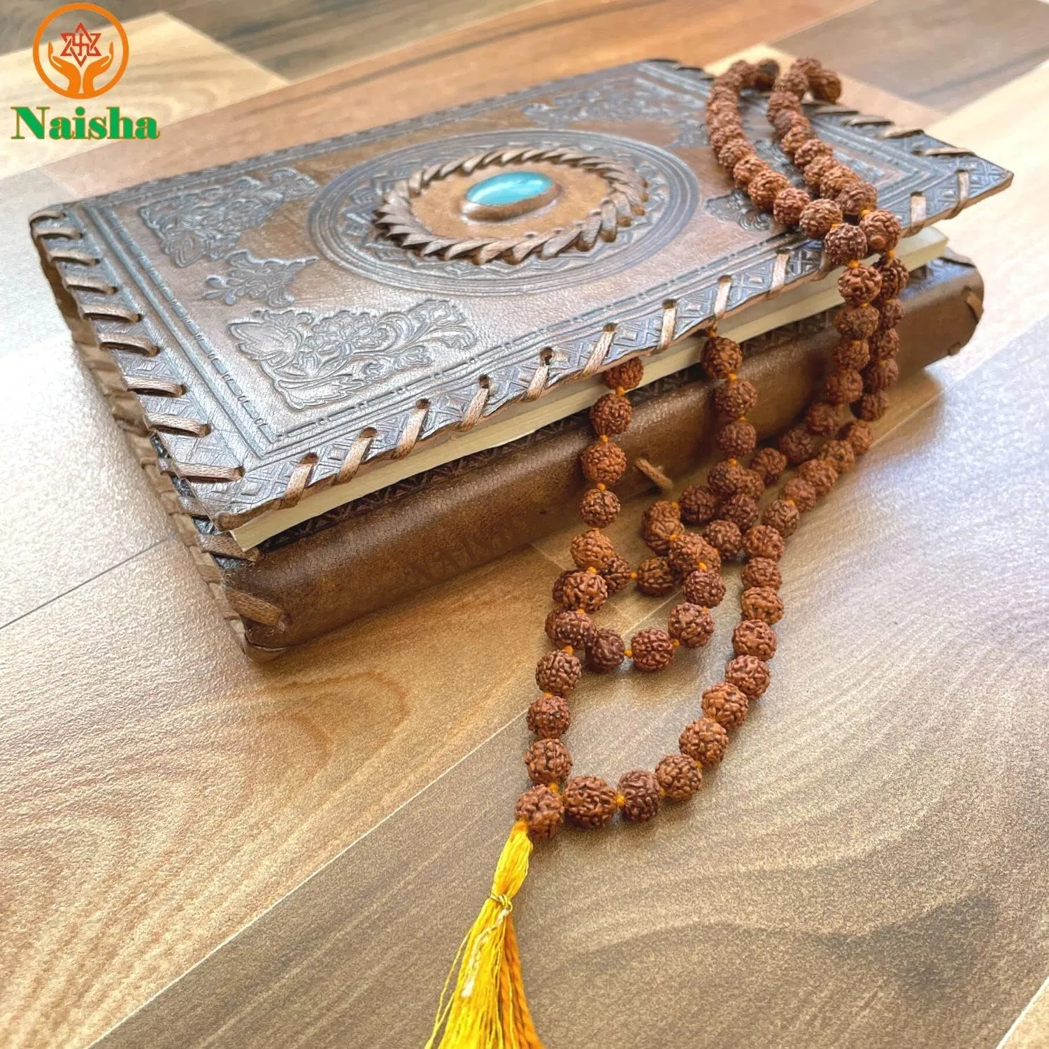 Naisha (Pack of 3) Rudraksha Stretchable Bracelet 2 Pc.& Rudraksha Mala 108 1 Beads Necklace 5 Mukhi Paanch mukhi 5 Prayer Beads, Wrist Mala Wrap, Jaap Mala, Bracelet Bead Size 7 mm