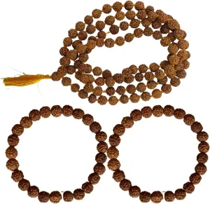 Naisha (Pack of 3) Rudraksha Stretchable Bracelet 2 Pc.& Rudraksha Mala 108 1 Beads Necklace 5 Mukhi Paanch mukhi 5 Prayer Beads, Wrist Mala Wrap, Jaap Mala, Bracelet Bead Size 7 mm