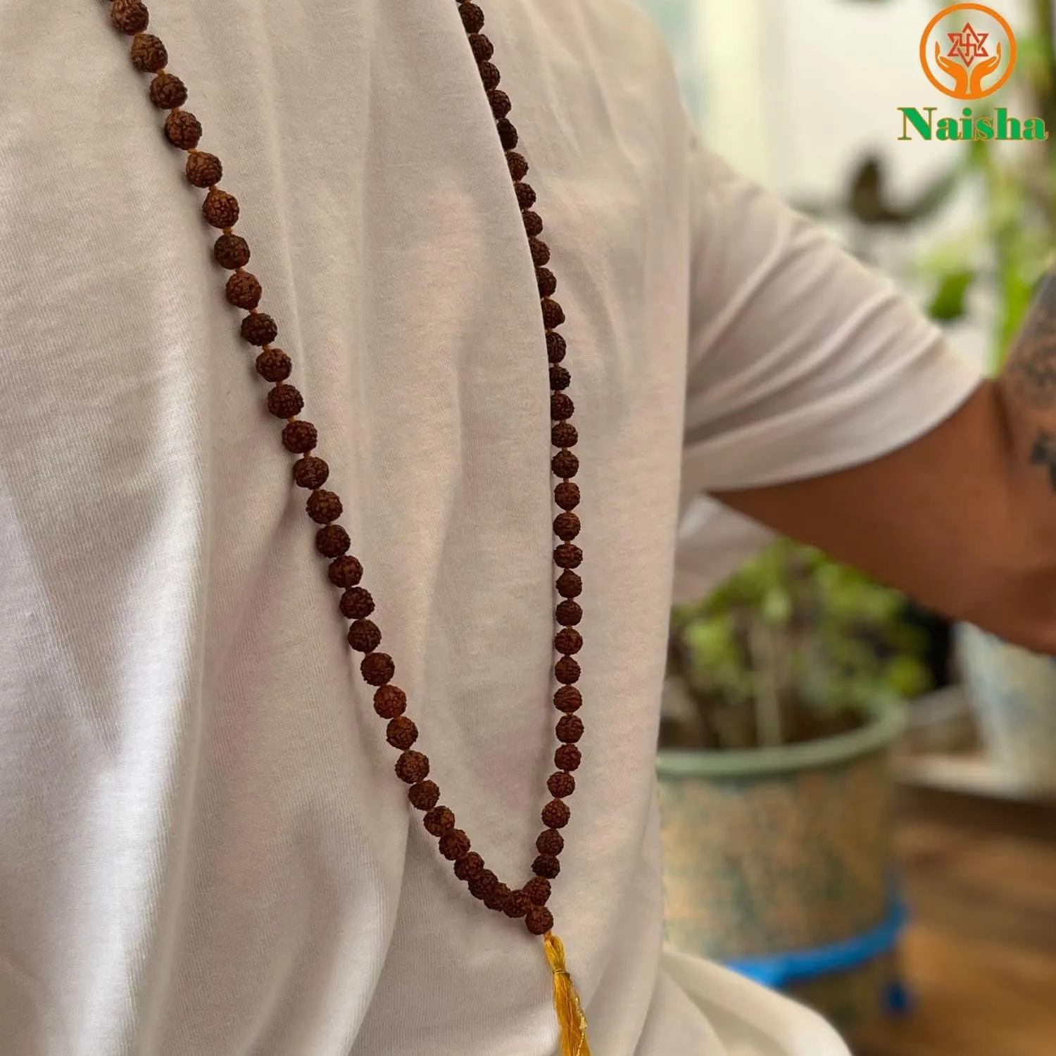 Naisha (Pack of 3) Rudraksha Stretchable Bracelet 2 Pc.& Rudraksha Mala 108 1 Beads Necklace 5 Mukhi Paanch mukhi 5 Prayer Beads, Wrist Mala Wrap, Jaap Mala, Bracelet Bead Size 7 mm