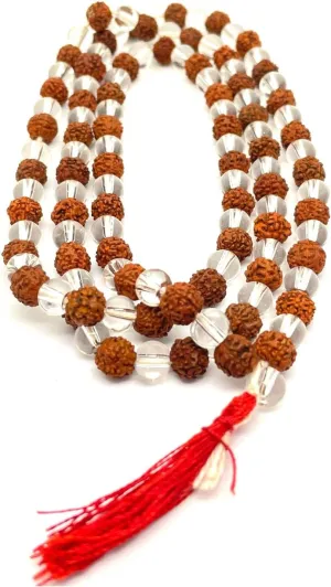 NAISHA Rudraksha & Crystal Sphatik Mala 108  1 Beads Necklace, Natural 5 Faced Himalaya Rudraksh Prayer Bead, Wrist Wrap Jaap Mala, Size 7 mm (1 Pack)