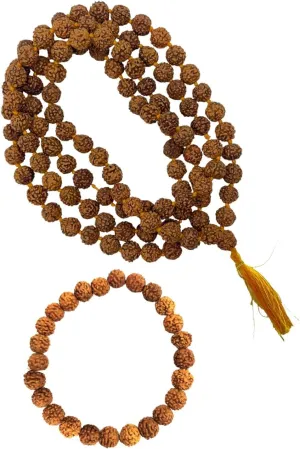 NAISHA Rudraksha Stretchable Bracelet & Rudraksha Mala 108 1 Beads Necklace 5 mukhi Paanch mukhi 5 face, Prayer Beads, Wrist Mala Wrap, Jaap Mala, Bracelet Bead Size 7 mm (Pack of 2)