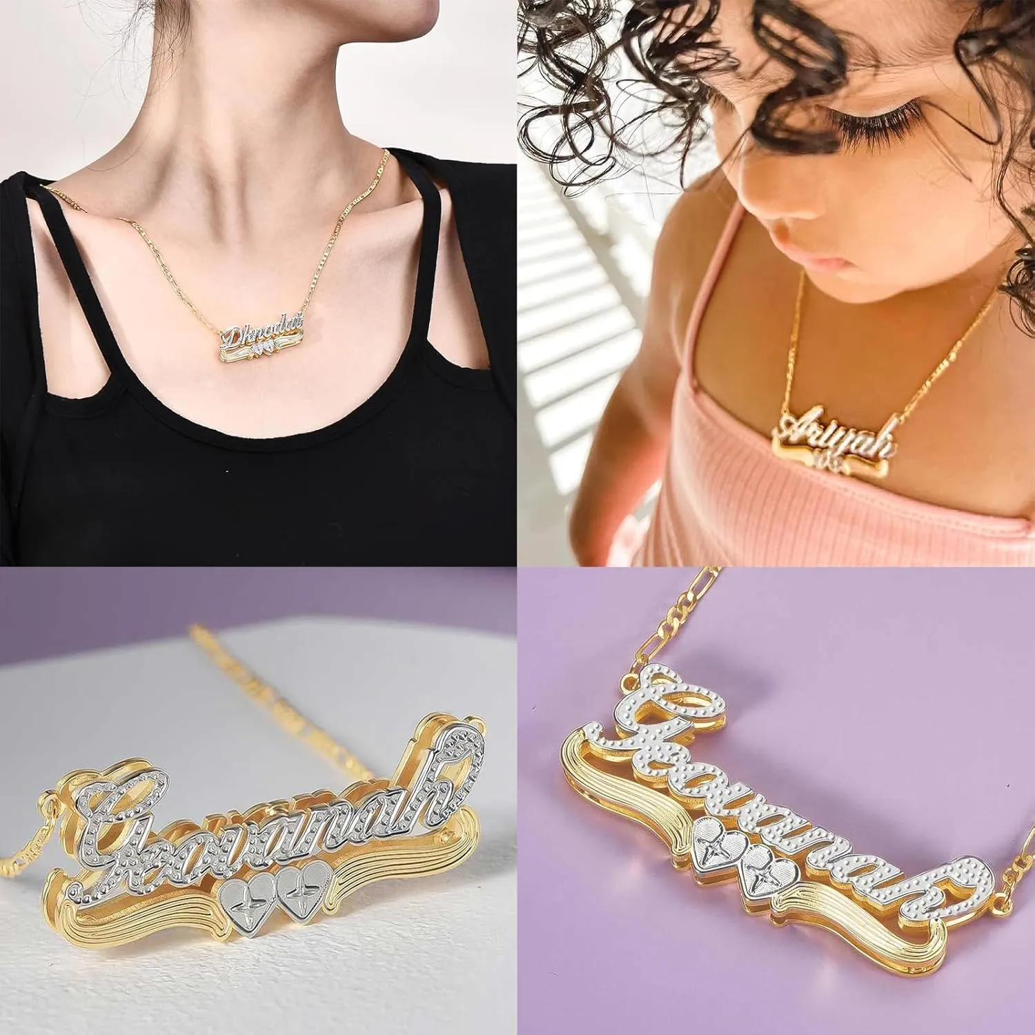 Name Plate Necklaces Double Plated Name Necklace Personalized Custom Name Necklace with Heart 18k Gold Plated Nameplate Pendant for Women