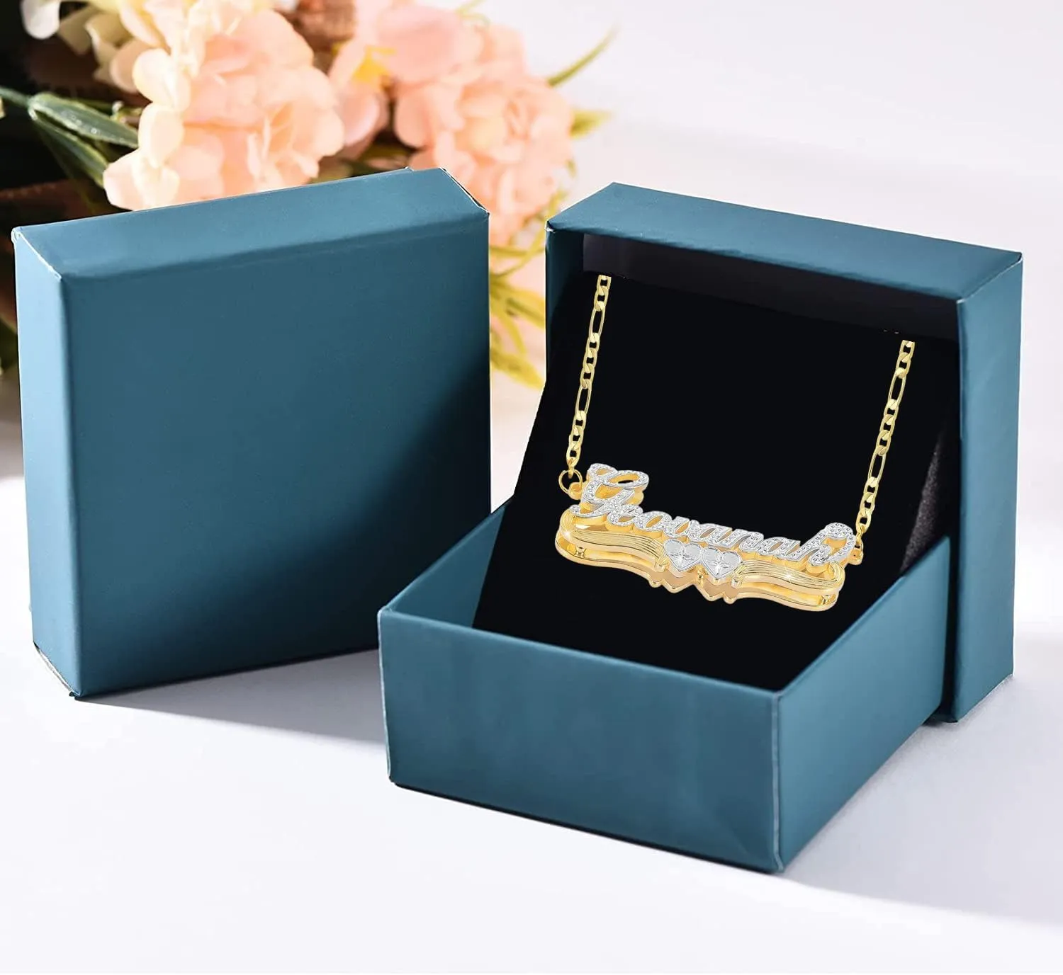 Name Plate Necklaces Double Plated Name Necklace Personalized Custom Name Necklace with Heart 18k Gold Plated Nameplate Pendant for Women
