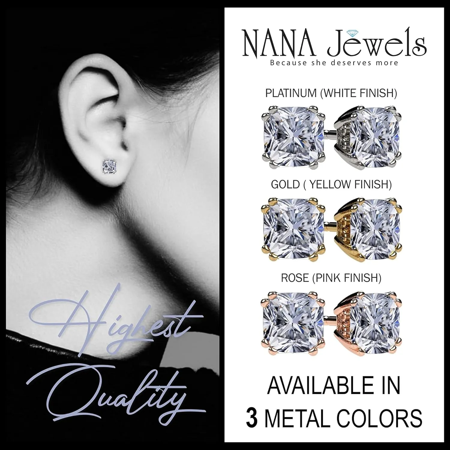 NANA Jewels Cushion Cut Simulated Diamond Stud Earrings 14K Solid Gold Post & Sterling Silver -0.60ctw-4.00ctw CZ