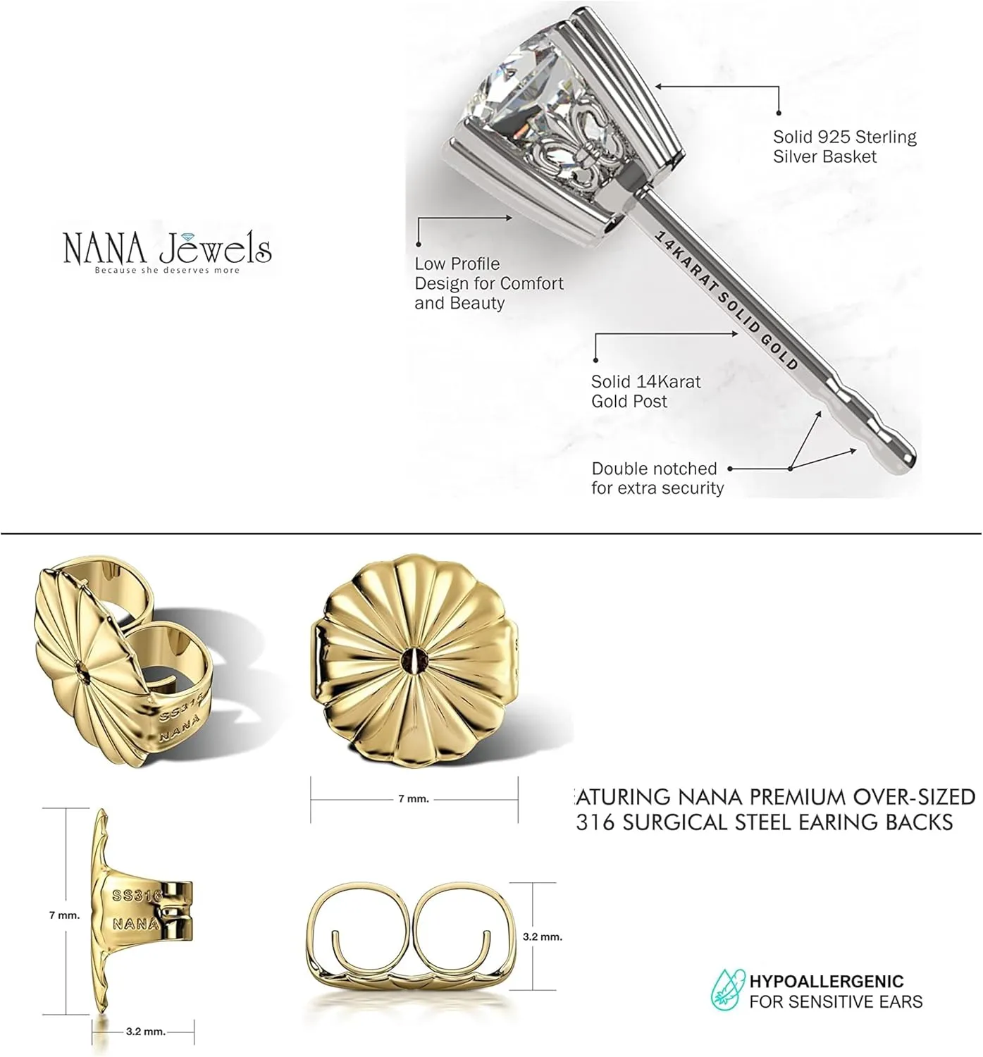 NANA Jewels Cushion Cut Simulated Diamond Stud Earrings 14K Solid Gold Post & Sterling Silver -0.60ctw-4.00ctw CZ