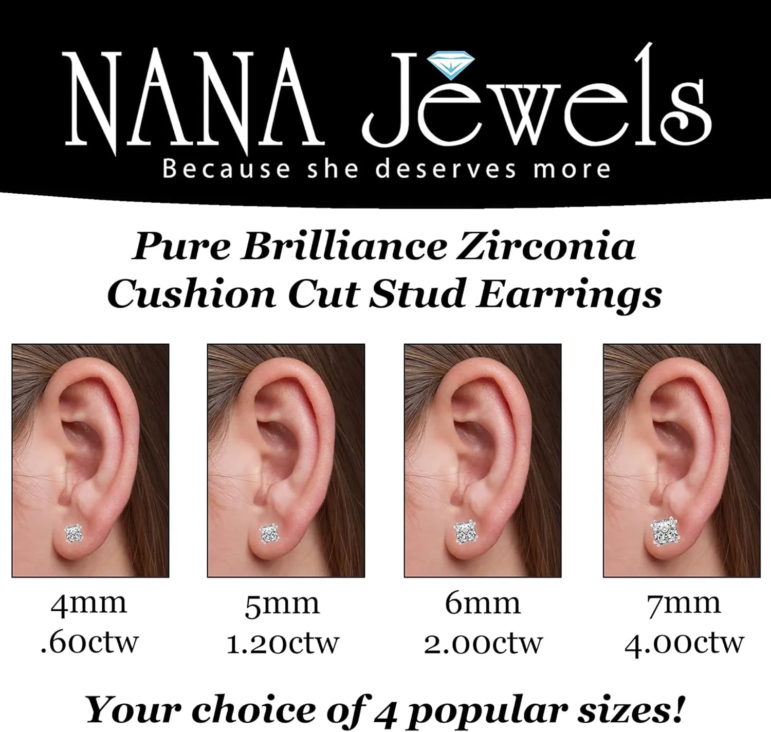 NANA Jewels Cushion Cut Simulated Diamond Stud Earrings 14K Solid Gold Post & Sterling Silver -0.60ctw-4.00ctw CZ