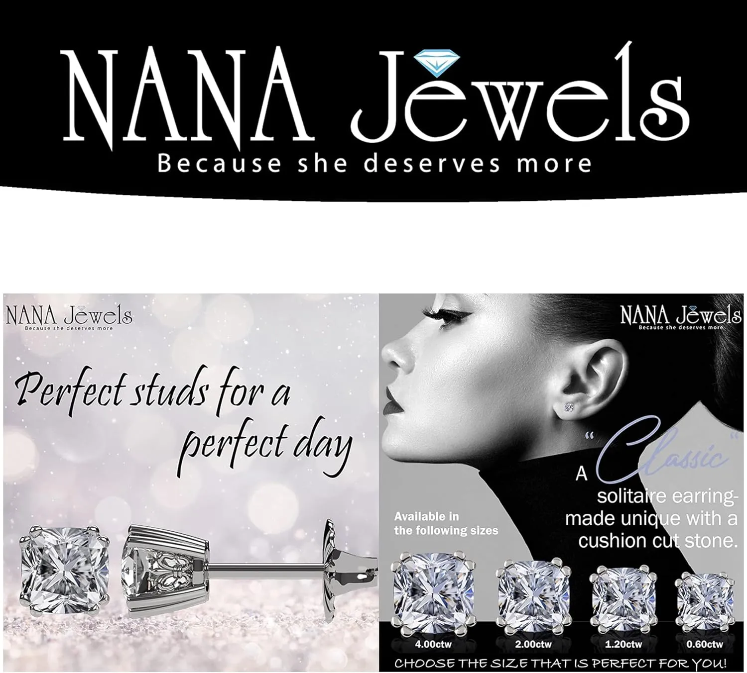 NANA Jewels Cushion Cut Simulated Diamond Stud Earrings 14K Solid Gold Post & Sterling Silver -0.60ctw-4.00ctw CZ