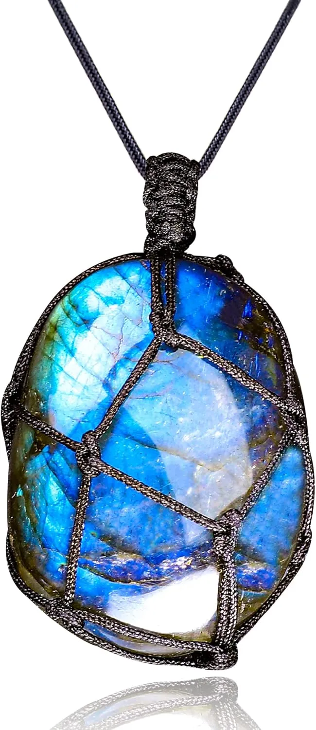 Natural Labradorite Necklace Pendant Healing Crystal Stone Handmade Braided Black Tassel Labradorite Crystal Jewelry for Women Valentine's Day Gift