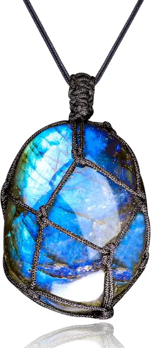 Natural Labradorite Necklace Pendant Healing Crystal Stone Handmade Braided Black Tassel Labradorite Crystal Jewelry for Women Valentine's Day Gift
