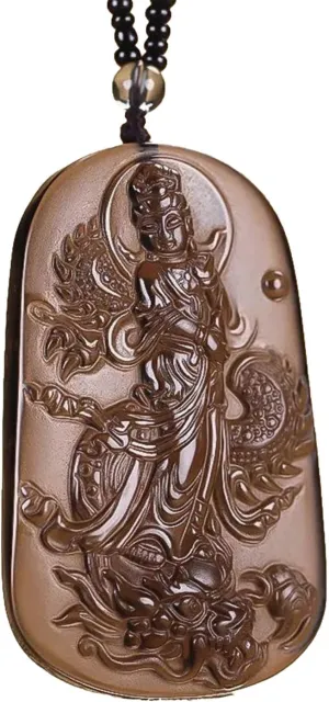 Natural Obsidian Kuan Yin Buddha Necklace Guan Yin Pendant Laughing Buddha Chain Quan Yin Chinese Feng Shui Amulet for Wealth Safe