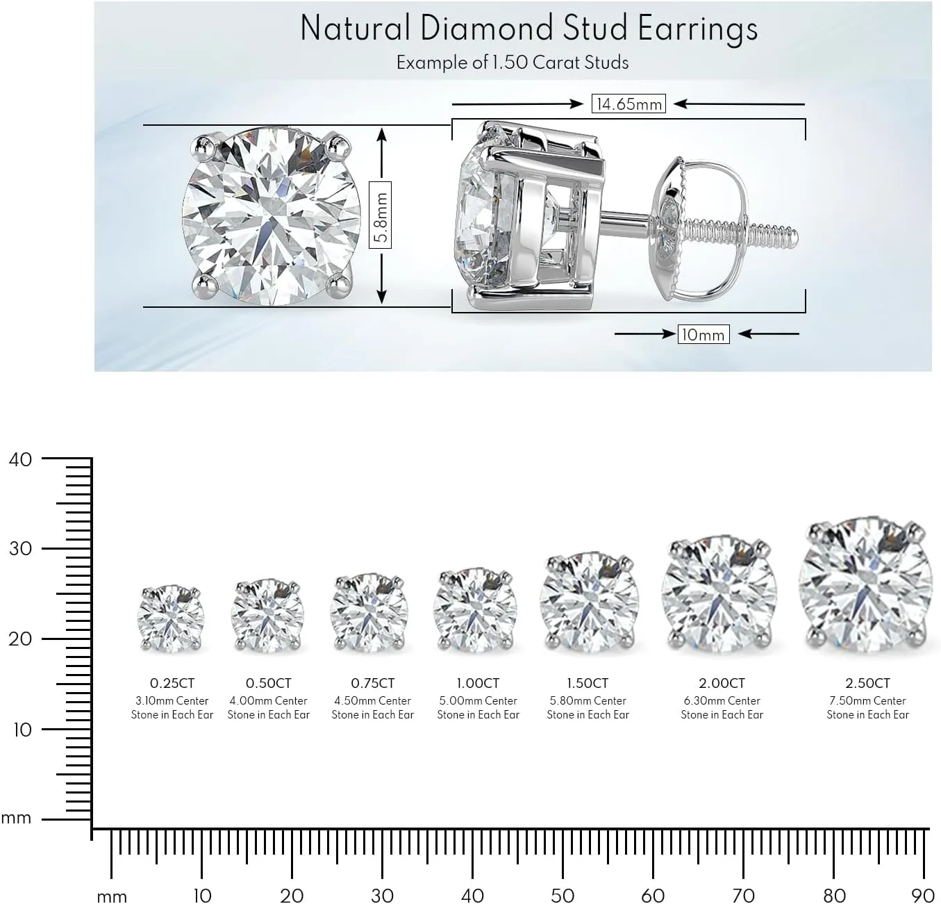 Natural Real Diamond Studs Earrings with Secure Screw Back for Women and Men, 14K Gold Round-Cut Diamond Stud Earrings